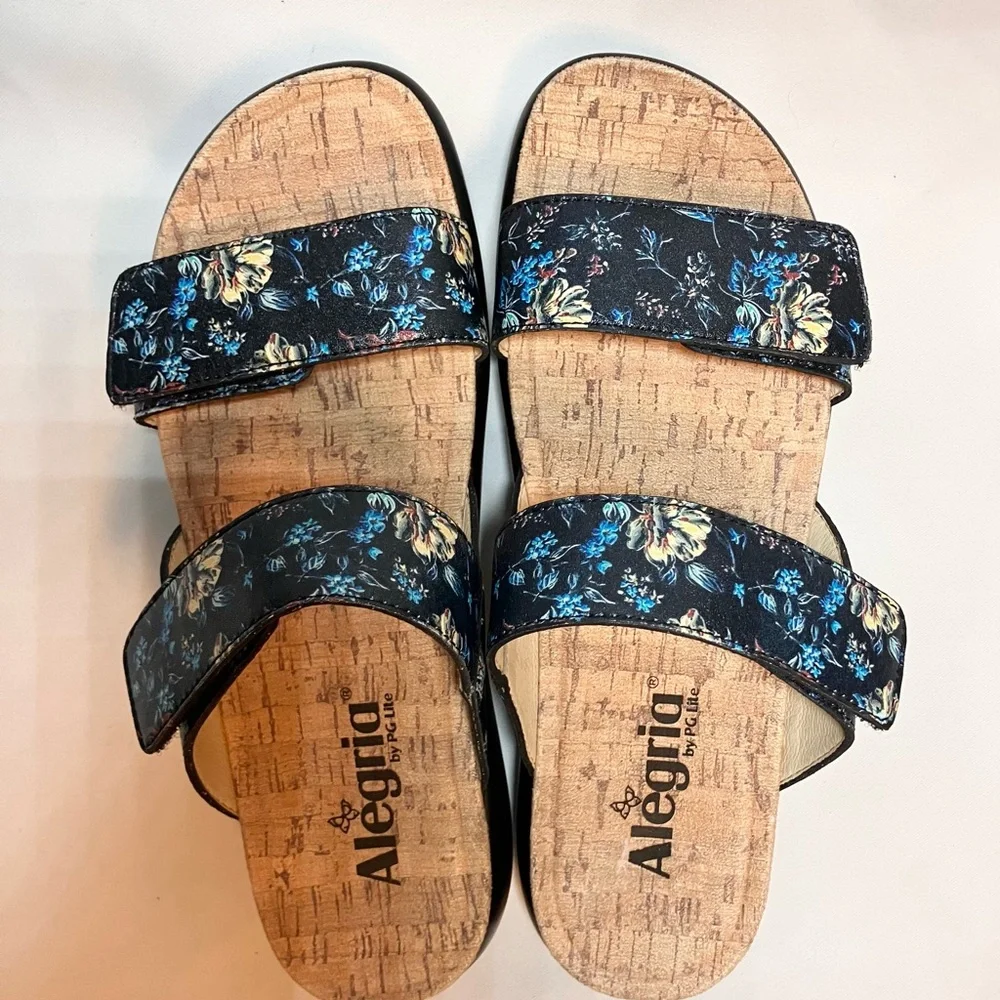 Alegria Navy Sz 7.5 38 Floral Women's Sandals Double Strap Adjustable NWOT‎ Read
